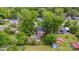 Aerial view of a home surrounded by lush greenery, showing backyard sheds at 3828 Delgany Dr, Charlotte, NC 28215