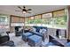 Relaxing sunroom with wicker furniture, ceiling fan, and serene views of the backyard at 3864 Meadow Ridge Nw Dr, Concord, NC 28027