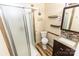 Compact bathroom featuring a shower, toilet, and vanity with sink at 5014 Oxford School Rd, Claremont, NC 28610