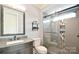 Bathroom featuring a gray vanity with modern fixtures and a glass walk-in shower at 9596 Pacing Nw Ln, Concord, NC 28027