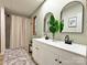 Modern bathroom featuring double sinks, sleek fixtures, and a shower with stylish curtain at 3154 Loomis St, Lincolnton, NC 28092