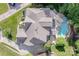 An aerial view showcasing the home's well-manicured lawn, in-ground pool and patio at 3304 Danhill Pl, Matthews, NC 28105
