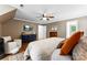 Bedroom featuring wood floors, neutral walls, ceiling fan and comfy chair with a tv for enjoyment at 3424 Clydesdale Dr, Gastonia, NC 28056