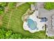 Aerial shot of a lush backyard with a large in-ground pool, rock slide, and plenty of entertainment areas at 8305 Bar Harbor Ln, Charlotte, NC 28210