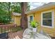 Backyard deck with a clear table and a lush plant, attached to the yellow home at 11701 Brockley Ct, Charlotte, NC 28215