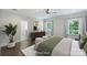 A light filled main bedroom has hardwood floors, ceiling fan, and ensuite bathroom at 1209 Leigh Ave, Charlotte, NC 28205