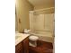 Functional bathroom featuring a toilet, vanity sink, and a bathtub with a shower at 14343 Arbor Ridge Dr, Charlotte, NC 28273