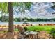 Picturesque backyard view with a lakefront dock, blooming flowers, and a relaxing seating area at 16317 Terry Ln, Huntersville, NC 28078