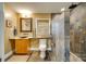 Bathroom featuring a large stone-tiled shower, toilet, and sink vanity at 16317 Terry Ln, Huntersville, NC 28078