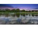 Scenic pond with fountain and tree-lined backdrop creating a peaceful waterside view at sunset at 2910 Lake James Ct, Monroe, NC 28110