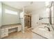 Bathroom with double sinks, granite counters, and tiled shower with glass door at 3043 Santee Ct, Fort Mill, SC 29707