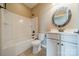 Bathroom featuring white vanity, toilet, shower, and tub combo at 3043 Santee Ct, Fort Mill, SC 29707