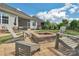 Picturesque backyard features a brick fire pit, seating, and well-manicured lawn at 4040 Deep River Way, Waxhaw, NC 28173