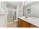 Bathroom with a glass-enclosed shower, light walls, a large mirror, and a single sink at 4700 Hickory Grove Rd, Mount Holly, NC 28120