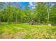 Spacious backyard with a green lawn, wooded fence line, and playset at 5615 American Way, Denver, NC 28037