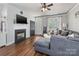 Spacious living room featuring a fireplace, dark hardwood floors, and ample seating at 6909 Dunton St, Huntersville, NC 28078