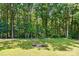 Relax in this backyard retreat with fire pit and chairs surrounded by lush trees at 707 Hester Dr, Dallas, NC 28034