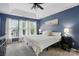 Cozy primary bedroom with a tray ceiling, neutral carpet, and large windows at 8833 Cavonnier Ln, Charlotte, NC 28216