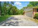 Driveway leading to a garage and backyard with mature trees along the property line at 6215 Simpson Rd, Charlotte, NC 28216