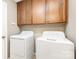 A laundry room with overhead storage and appliances at 7218 Jacobs Fork Ln, Charlotte, NC 28273