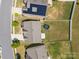 Overhead view of backyard with trampoline, shed, and solar panels in a fenced yard at 13315 Hunting Birds Ln, Charlotte, NC 28278