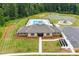 Overhead view of a community pool, clubhouse, playground, and ample parking nestled amidst lush greenery and mature trees at 4069 Havenport Cir, Tega Cay, SC 29708