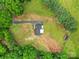 Aerial view of home with well maintained lawn and shed at 456 Rainbow Cir, Clover, SC 29710