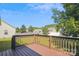 View of the wooden back deck, overlooking the green lawn and fenced backyard, under a blue sky at 5018 Drake Pond Ln, Rock Hill, SC 29732