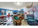Comfortable living room featuring blue accent walls, eclectic decor, and a view to an eat-in kitchen at 7710 Grove Hall Ave, Mint Hill, NC 28227