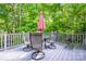A back deck is furnished with comfortable outdoor furniture for enjoying the natural surroundings at 112 Eagle Chase Ln, Troutman, NC 28166