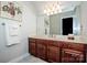 Bathroom featuring natural lighting, marble counter tops, cherry wood cabinetry, and a large mirror at 112 Eagle Chase Ln, Troutman, NC 28166