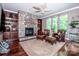 Cozy living room with stone fireplace, built-in shelves, and plush seating for relaxation at 112 Eagle Chase Ln, Troutman, NC 28166