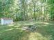 Backyard featuring a storage shed, trees and lawn at 145 Woodview Dr, Statesville, NC 28625