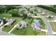 Aerial view of a neighborhood showcasing manicured lawns, mature trees, and in-ground pools adding beauty to the community at 3000 J R Ct, Stanley, NC 28164