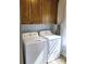 Convenient laundry room with washer, dryer, and built-in storage cabinets at 414 Fulton Dr, Kings Mountain, NC 28086