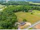 An aerial view of a rural area with houses, trees, and a pond at 4328 Camden Rd, Marshville, NC 28103