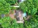 Aerial view of a private estate surrounded by mature trees, featuring a pool, deck, and lush landscaping at 8524 Quarters Ln, Mint Hill, NC 28227