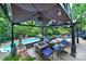 Inviting backyard patio with comfortable seating, a cozy fire pit, and a refreshing pool, perfect for outdoor relaxation at 8524 Quarters Ln, Mint Hill, NC 28227