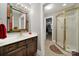Bathroom features a mirror, glass shower, and vanity, creating a functional and bright space at 8524 Quarters Ln, Mint Hill, NC 28227