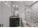 Bathroom features granite vanity, toilet, and walk-in shower with grey and white tile at 10170 Enclave Cir, Concord, NC 28027