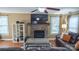 Inviting living room showcasing a stone fireplace, wooden floors, and a comfortable seating arrangement at 12601 Guardhouse Ct, Charlotte, NC 28262