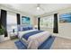 A staged bedroom featuring a blue bed set, neutral walls and dark curtains at 1855 Second Baxter Xing, Fort Mill, SC 29708