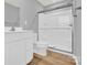 Bathroom with a glass-enclosed shower, vanity, and tile flooring at 3212 Coast Oak Rd, Charlotte, NC 28214