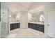 Luxurious main bathroom with double vanities, a soaking tub, and a glass-enclosed shower at 123 Archbell Point Ln, Mooresville, NC 28117