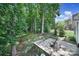 A backyard stone patio with seating nestled in a lush, green landscape with mature trees at 160 Fernbrook Dr, Mooresville, NC 28117