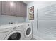 Laundry room with a gray cabinets, white washer and dryer, and a drying rack at 222 E Carter St, Lincolnton, NC 28092