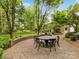 Expansive backyard patio with a round table, providing ample seating and surrounded by mature trees at 2611 Forest Dr, Charlotte, NC 28211