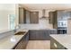 Stylish kitchen featuring gray cabinets, stainless steel appliances, white countertops and backsplash, and hardwood floors at 2907 W Trade St, Charlotte, NC 28208