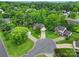 An aerial view highlights a home in a lush neighborhood with mature trees and a two-car garage at 5009 Ravens Ct, Matthews, NC 28104