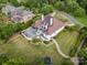 Luxury estate aerial view featuring a pool, lush landscaping, and expansive green spaces; showcasing premium outdoor living at 5400 Challisford Ln, Charlotte, NC 28226